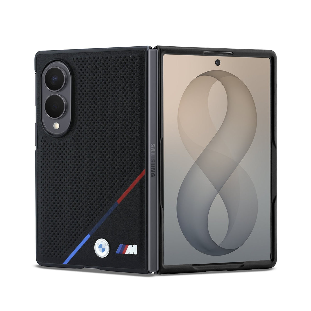 BMW M PU Perforated Tricolor Stripe Magnetic Case for Samsung Galaxy Z Fold 8 Black